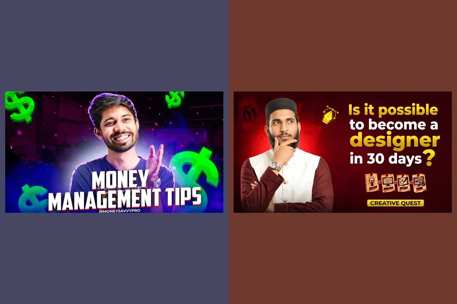Two finished YouTube thumbnails from our gallery, one reading Money management tips in three words, one asking Is it possible to become a designer in 30 days across several lines