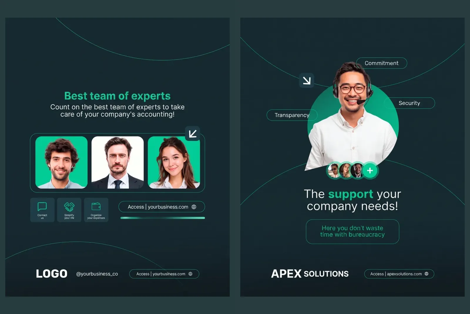 Two finished posts from service businesses: three portraits under Best team of experts, and a smiling man with a headset under The support your company needs