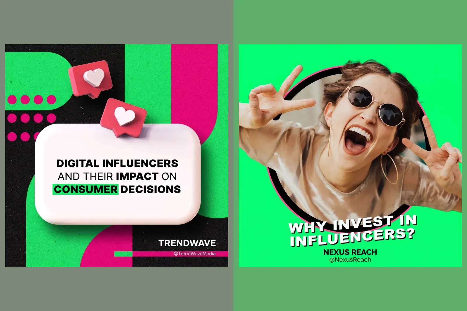 Two finished posts from marketing agencies: Digital influencers and their impact on consumer decisions, with two heart notifications, and Why invest in influencers, over a laughing woman in sunglasses