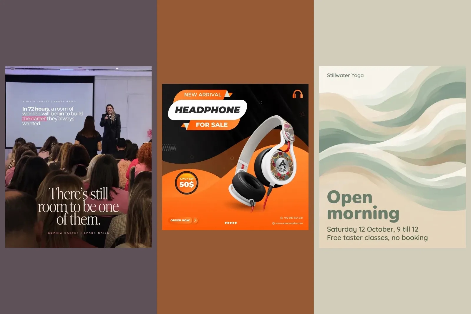 Three finished posts from our gallery: a speaker addressing a full room at a career event, a new headphone for sale at 50 dollars, and a yoga studio's open morning with free taster classes