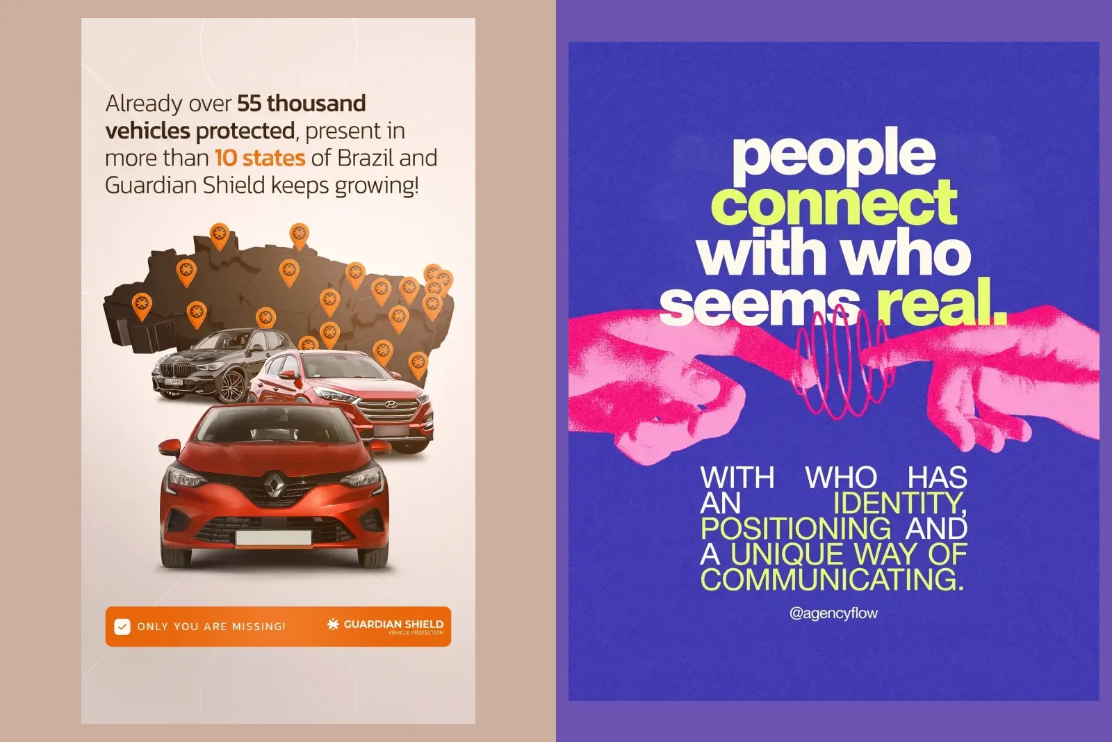 Two finished posts from our gallery: a vehicle protection company saying over 55 thousand vehicles are protected in more than 10 states of Brazil, and an agency post saying people connect with who seems real
