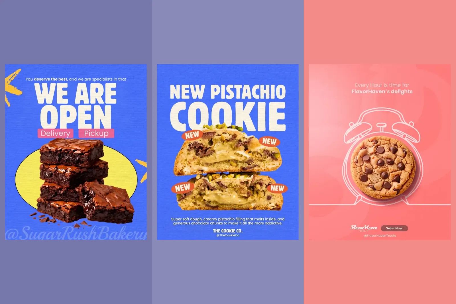 Three finished bakery posts from our gallery: We Are Open with a stack of brownies and delivery and pickup labels, New Pistachio Cookie on a blue background, and a cookie in front of an alarm clock with the line Every hour is time for delights