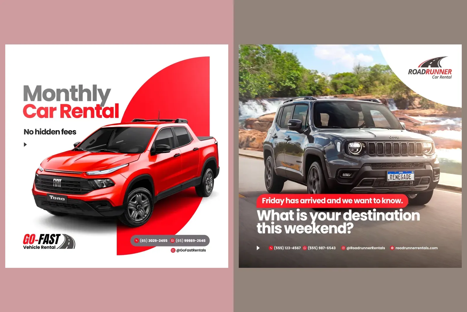 Two finished car rental posts from our gallery: Monthly Car Rental with no hidden fees beside a red pickup, and a grey SUV on a waterfall road under Friday has arrived and we want to know what is your destination this weekend