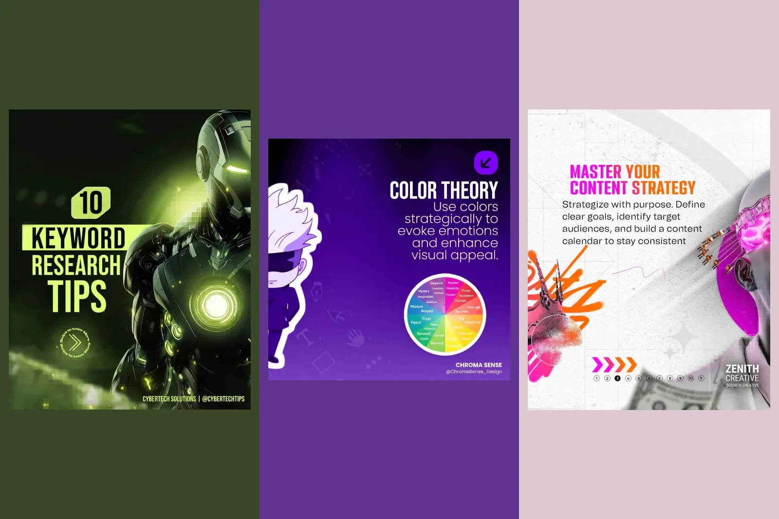 Three finished educational posts from our gallery: 10 Keyword Research Tips over a green robot, Color Theory Explained with a colour wheel, and Master Your Content Strategy with a short paragraph on goals and audiences