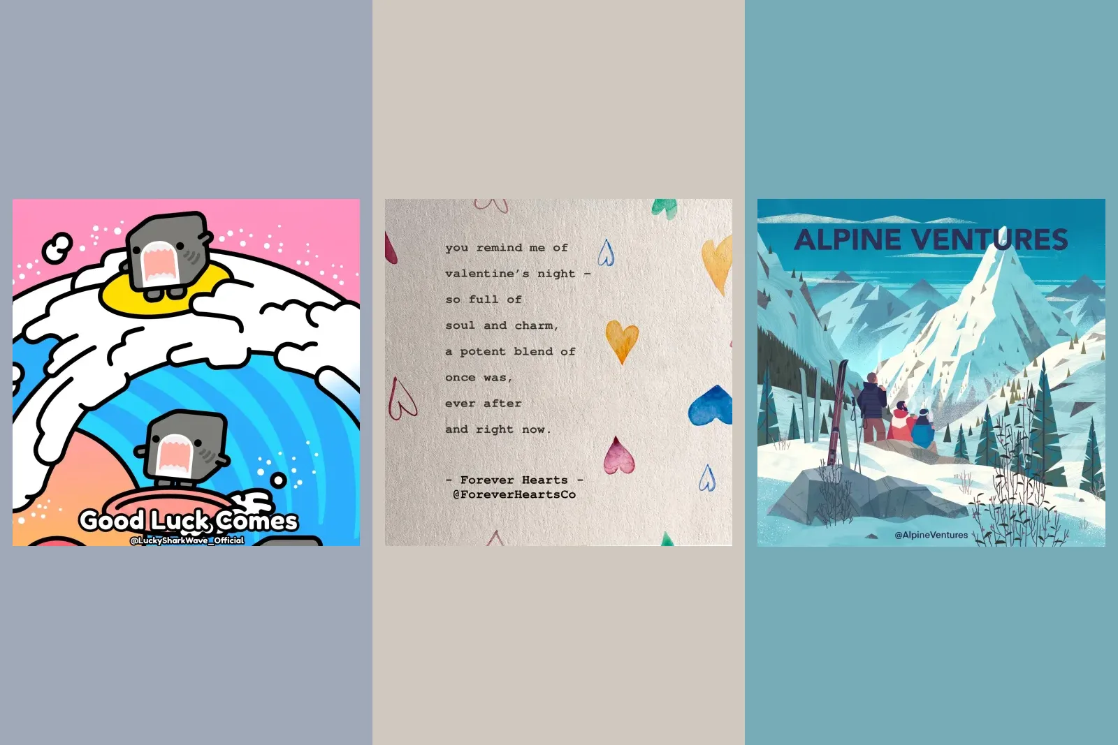 Three finished posts that are plainly designed: a cartoon illustration, a typewritten note scattered with drawn hearts, and a flat illustrated mountain scene
