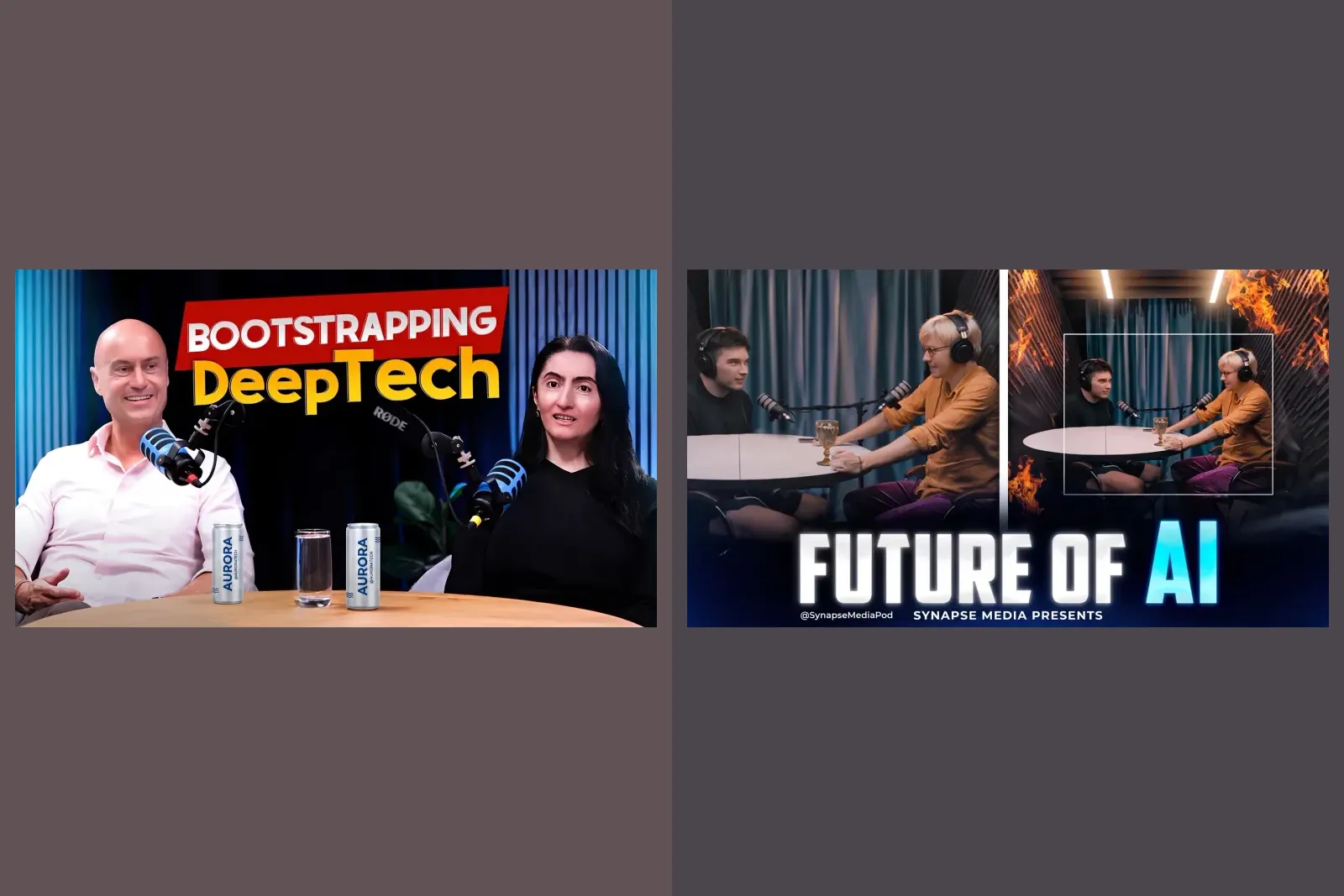 Two finished posts announcing podcast episodes, each showing people talking into studio microphones