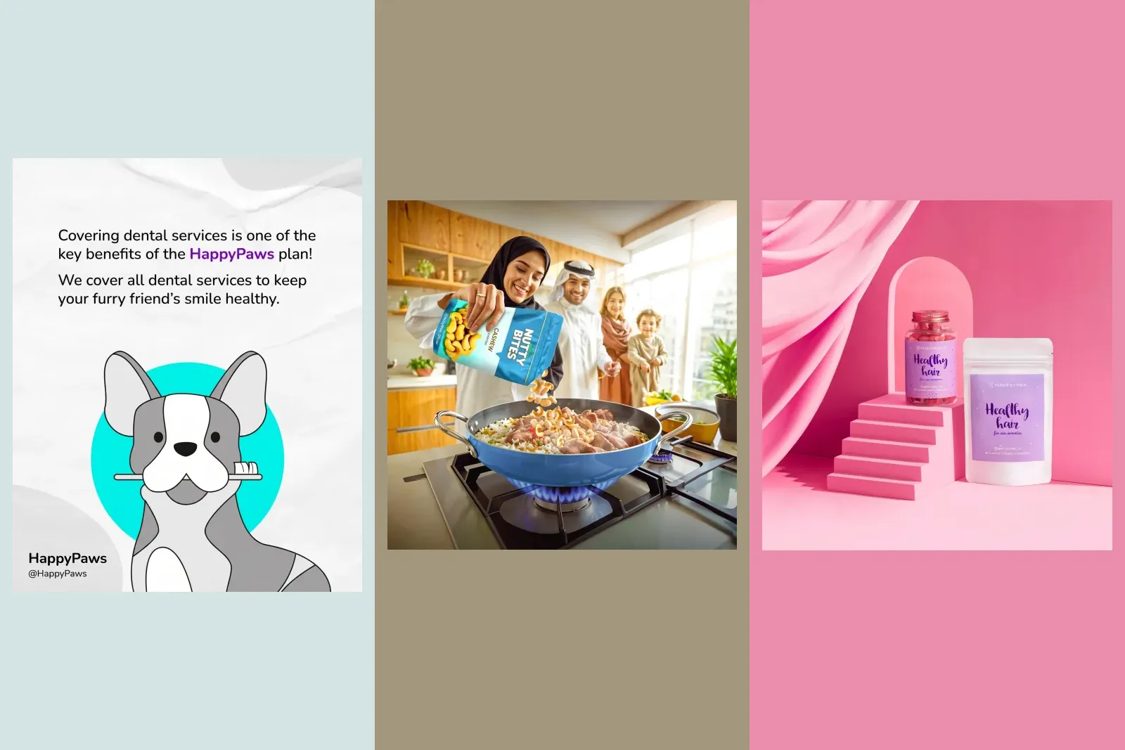 Three finished posts for a pet insurer, a snack brand and a hair supplement, each one a business promoting something it sells