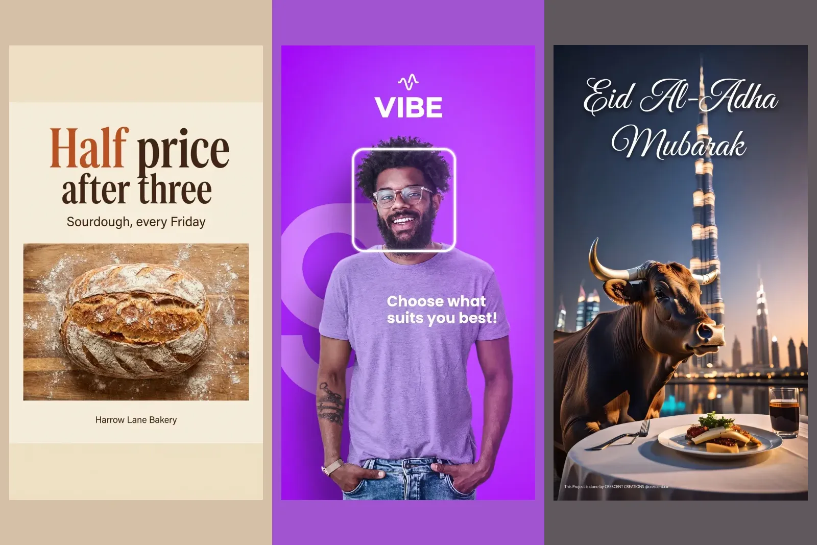 Three posts from our gallery in the tall 9:16 Stories format: a bakery's half price sourdough after three, an app promotion with a smiling man in a purple shirt, and an Eid Al-Adha greeting over a dinner table with a city skyline