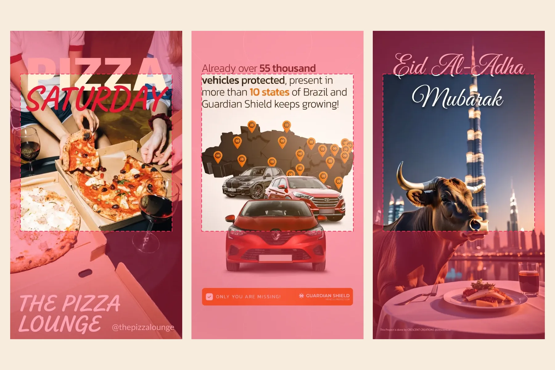 Three vertical posts from our gallery with Meta's safe zone shaded over them: a pizza post whose word PIZZA sits in the top band and whose brand name sits in the bottom band, a vehicle protection post whose first headline line and call to action bar fall in the bands, and an Eid post whose greeting starts in the top band