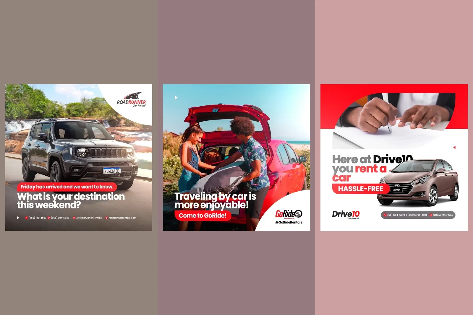 Three finished car rental posts from our gallery selling the same thing three ways: a question asking where you are driving this weekend, a couple loading a car with the line traveling by car is more enjoyable, and a plain offer reading here at Drive10 you rent a car hassle free
