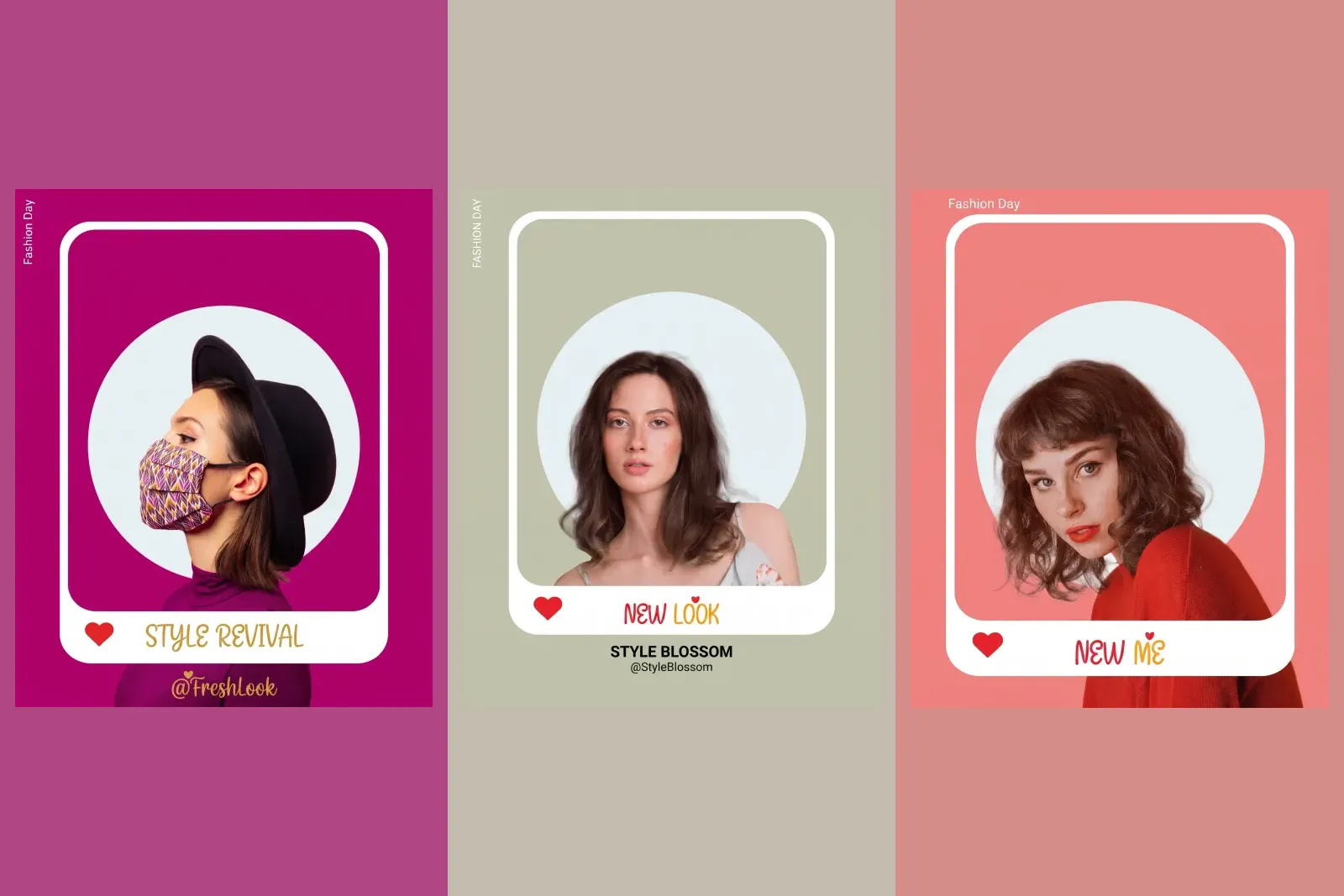 Three fashion posts from our gallery on the same framed template, each with a different background colour, model photograph and headline: Style Revival, New Look and New Me