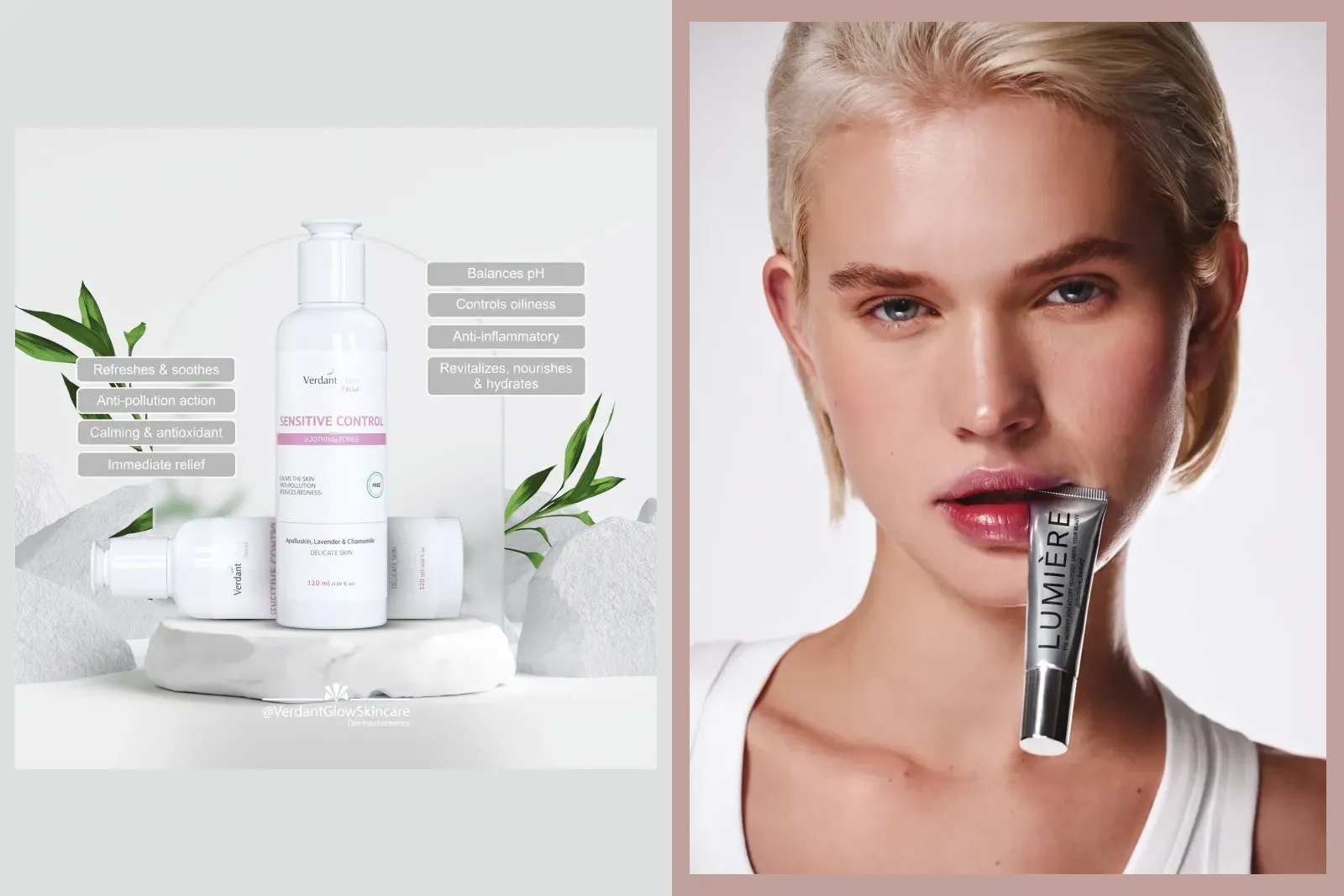 Two finished beauty product posts, a toner bottle on a stone plinth with benefit labels and a lip product