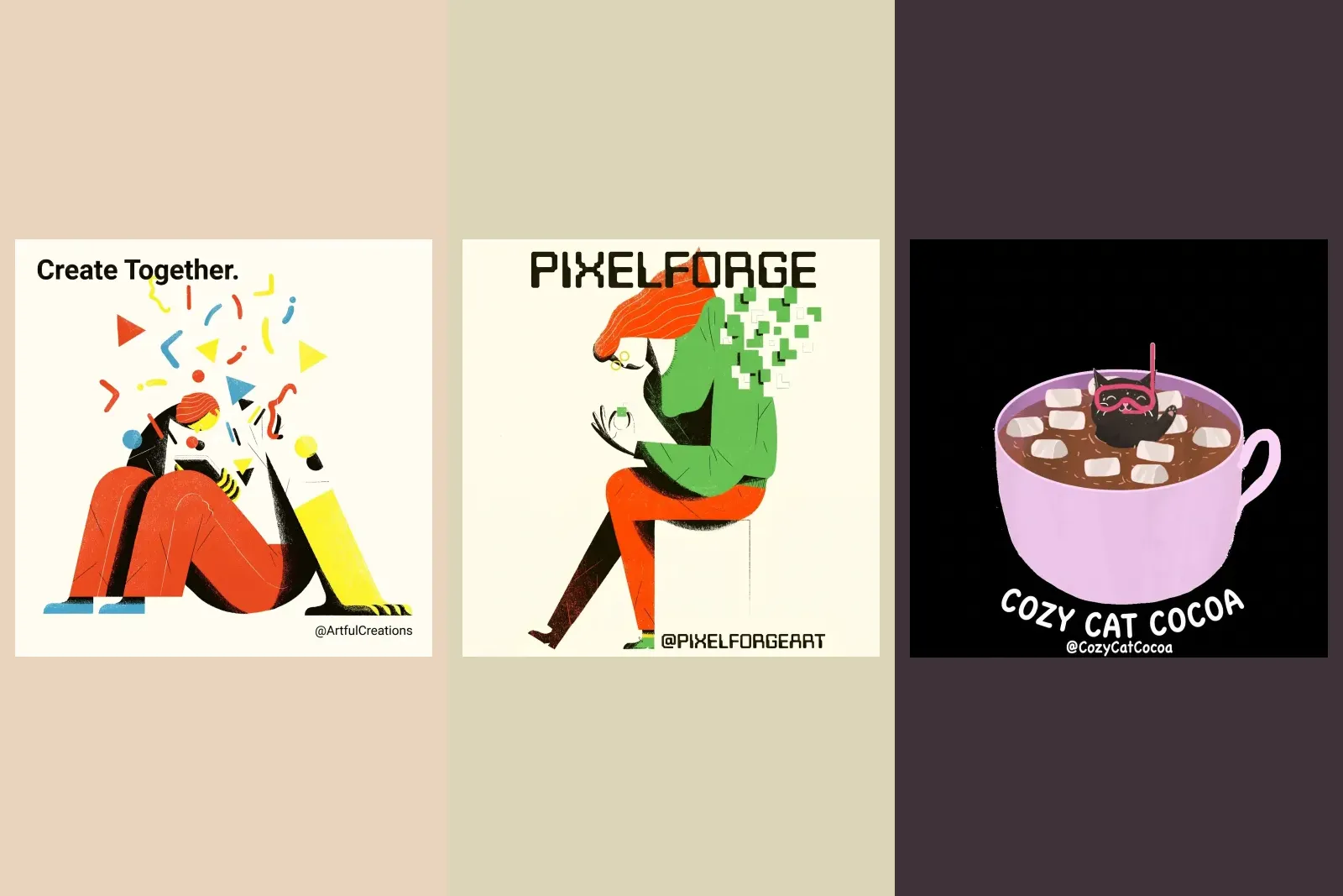 Three finished posts from our gallery that are plainly illustrated: two flat illustrations of people, one scattering bright shapes and one dissolving into pixels, and a drawn pink mug of cocoa with a cat in it