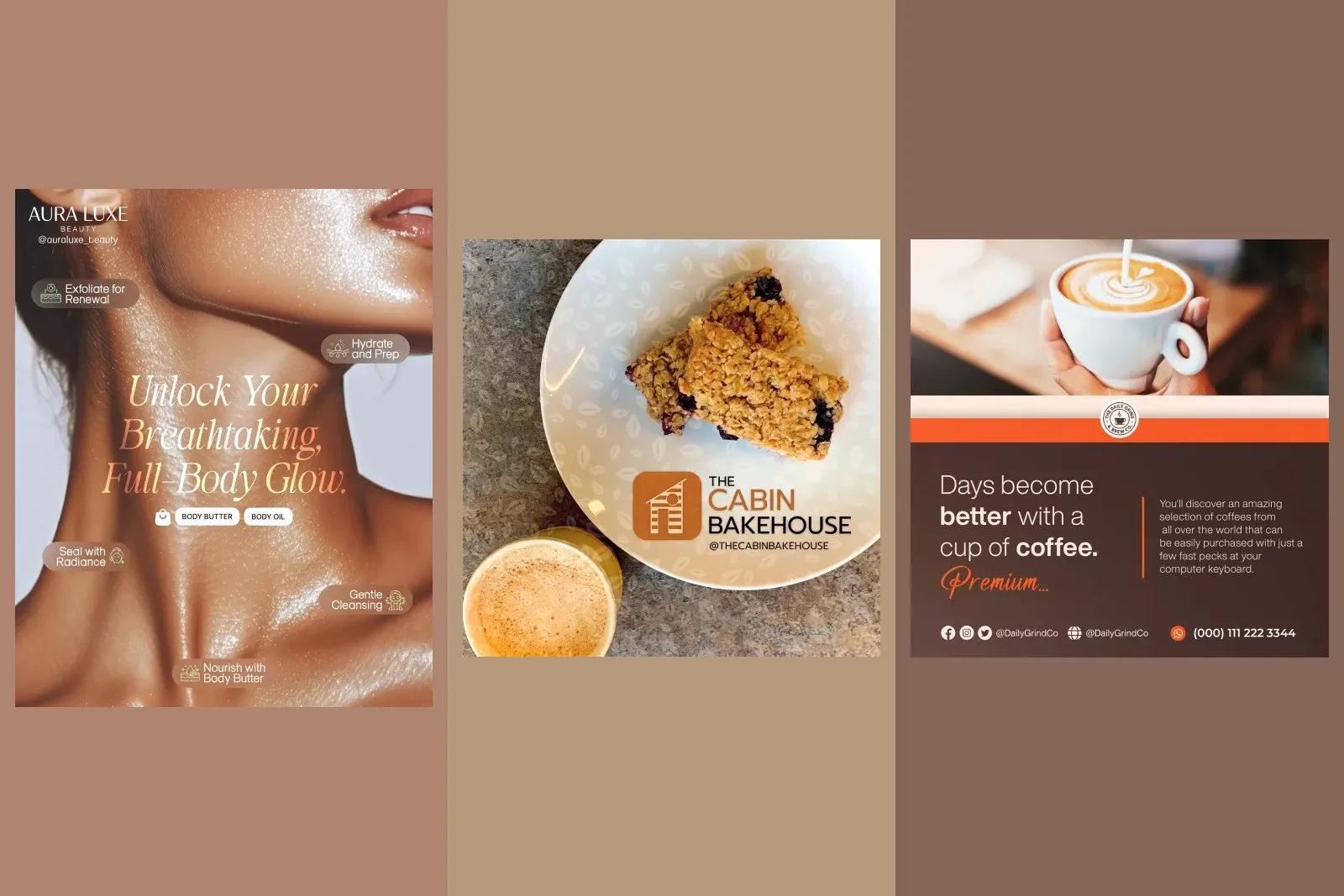 Three finished posts from our gallery that look like photographs: a close-up of skin for a body care brand, an oat bar beside a coffee for a bakery, and a hand holding a latte