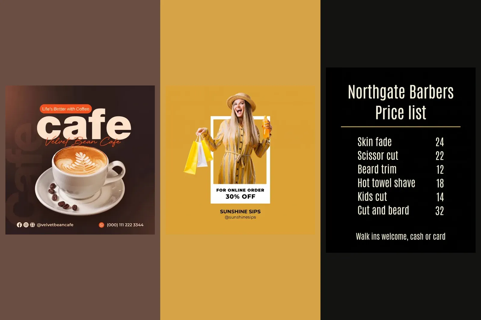 Three finished posts from small businesses promoting what they sell: a cafe's coffee, a drinks brand's online order discount and a barbershop's price list