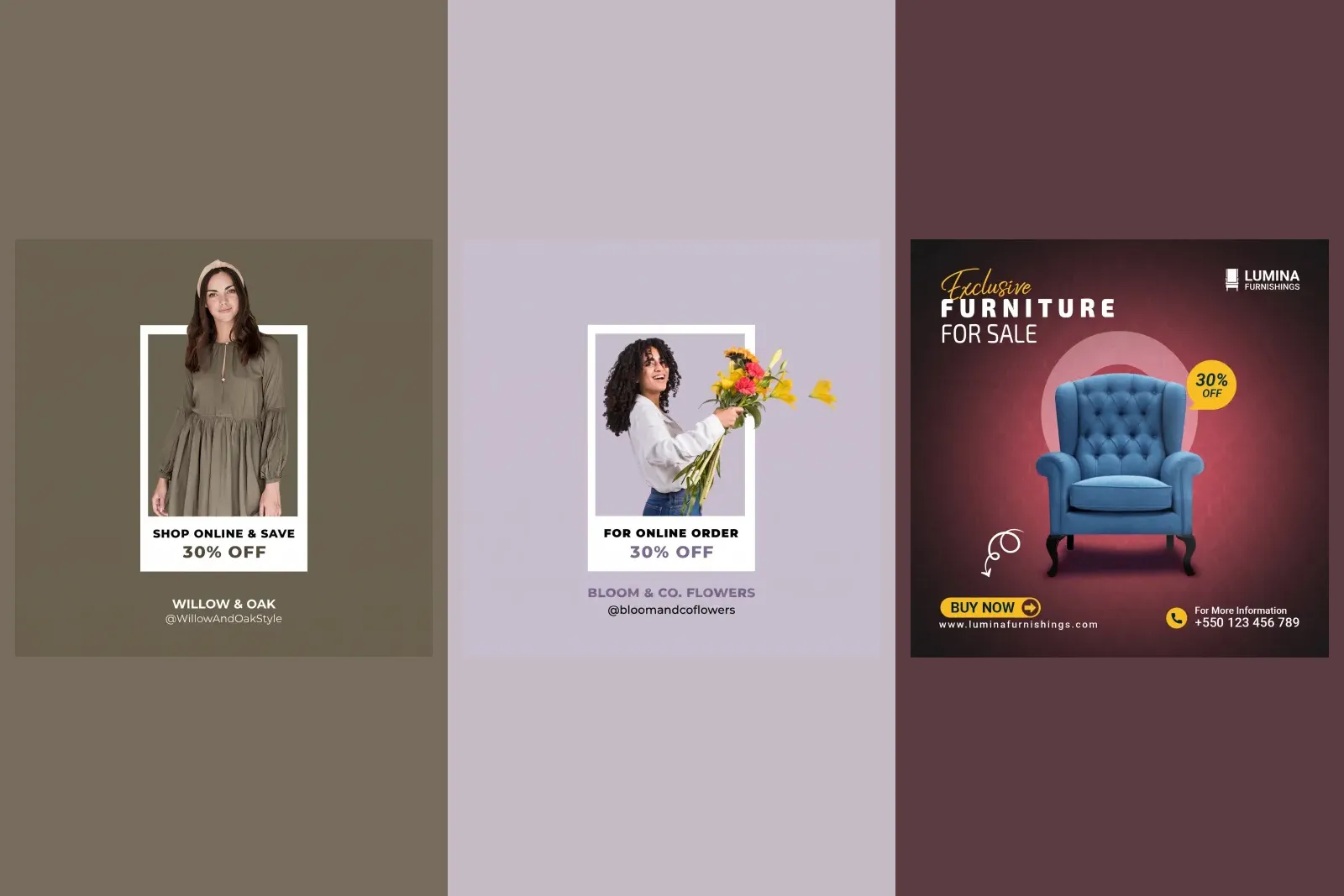 Three finished product posts from our gallery for small shops: a clothing brand's online order offer at 30% off, a florist's online order discount, and a furniture store's armchair sale