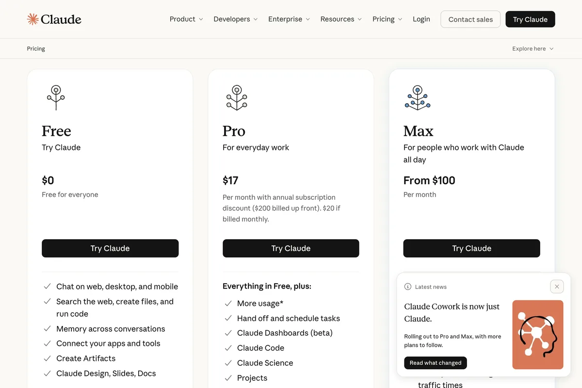 Claude pricing page showing Free at $0, Pro at $17 per month with annual subscription discount ($200 billed up front) or $20 if billed monthly, and Max from $100 per month