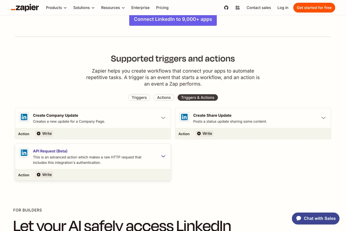Zapier's LinkedIn integration page, Supported triggers and actions: Create Company Update, creates a new update for a Company Page; Create Share Update, posts a status update sharing some content; API Request (Beta)