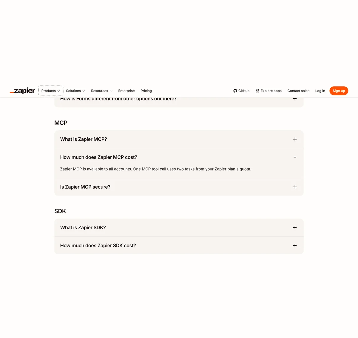 Zapier's pricing page FAQ, How much does Zapier MCP cost? Zapier MCP is available to all accounts. One MCP tool call uses two tasks from your Zapier plan's quota.