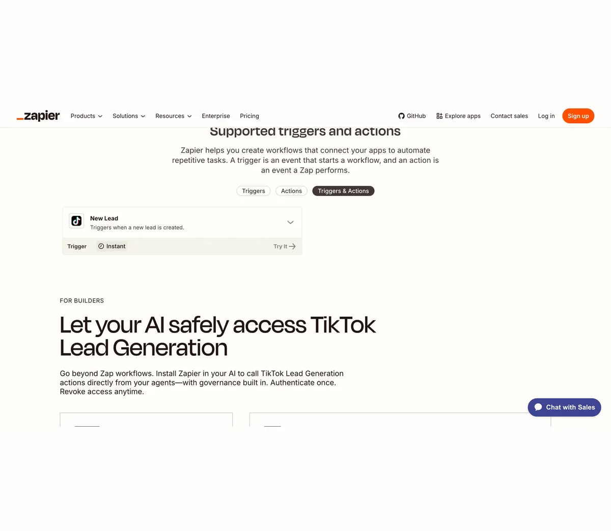 Zapier's TikTok Lead Generation integrations page, with the only supported event listed as the New Lead trigger and no actions