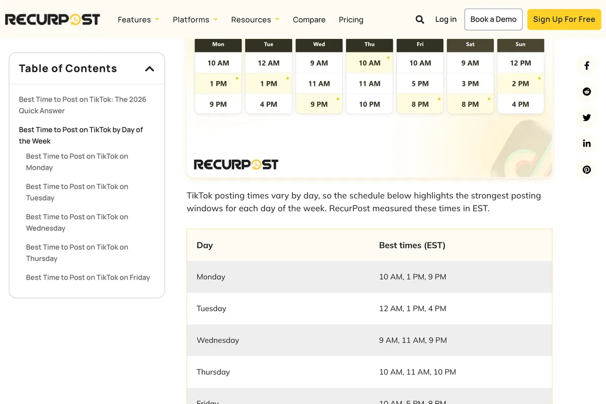 RecurPost's page Best Time to Post on TikTok, showing its day by day table of best times in EST: Monday 10 AM, 1 PM, 9 PM; Tuesday 12 AM, 1 PM, 4 PM; Wednesday 9 AM, 11 AM, 9 PM; Thursday 10 AM, 11 AM, 10 PM