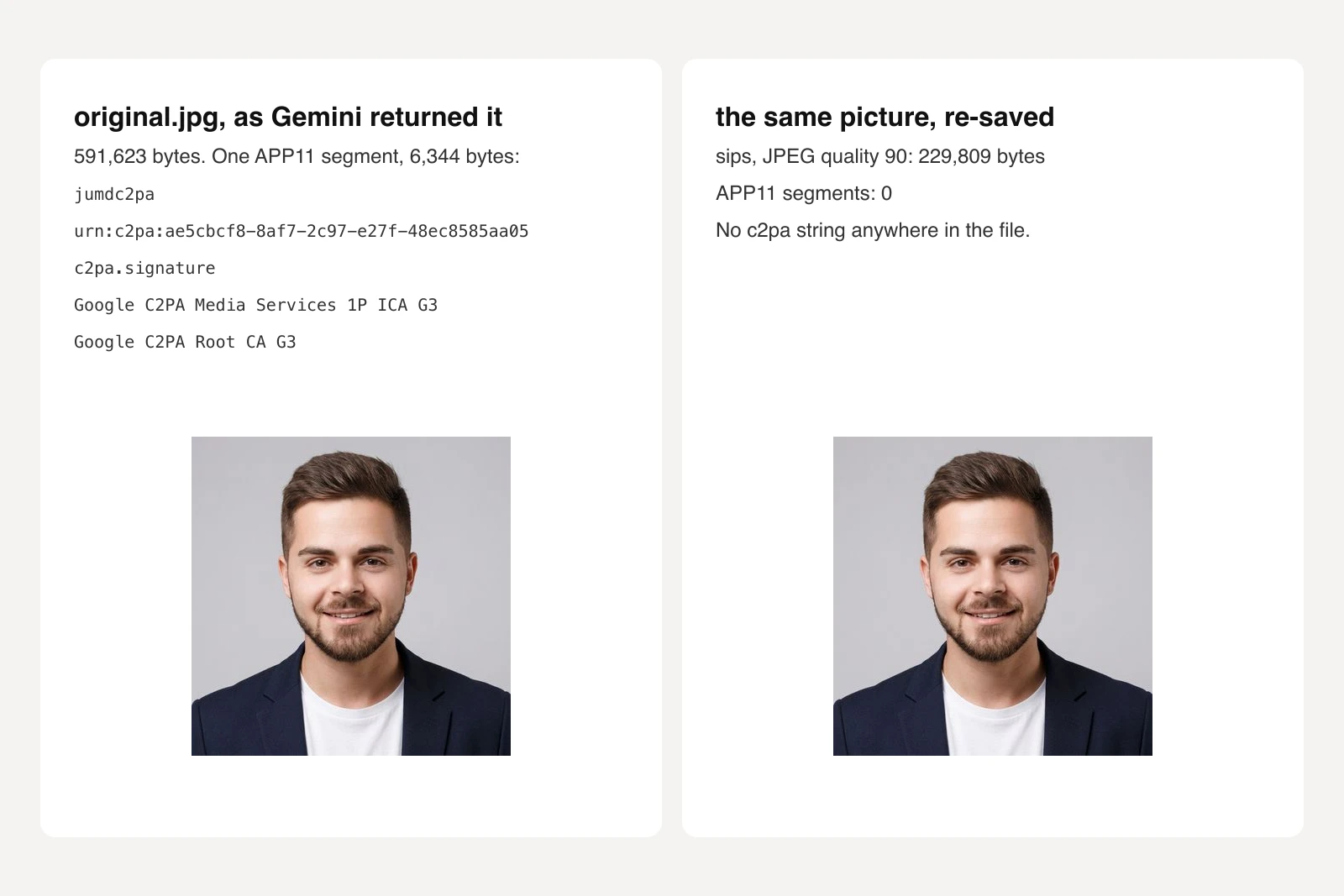 Two panels comparing the same Gemini headshot: on the left the original file with one APP11 segment of 6,344 bytes containing c2pa and Google C2PA certificate names, on the right the same picture re-saved as JPEG with sips, with no APP11 segment and no c2pa string, the two pictures looking identical