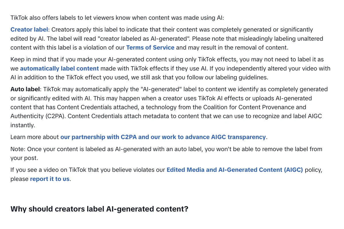 TikTok Help Center page About AI-generated content, showing the Creator label paragraph, the Auto label paragraph naming Content Credentials from the C2PA, and the note that an auto label cannot be removed