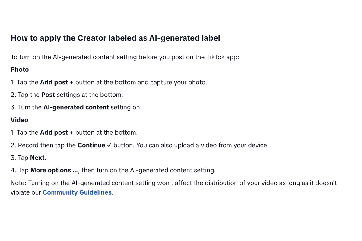 TikTok Help Center section How to apply the Creator labeled as AI-generated label, with steps for photos and videos and the note that turning on the AI-generated content setting won't affect distribution as long as the video follows the Community Guidelines