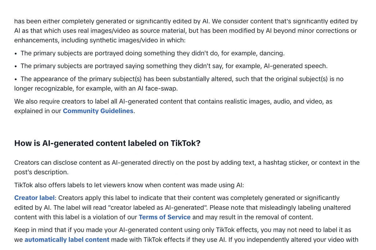 TikTok Help Center page About AI-generated content, listing what TikTok counts as significantly edited by AI, the requirement to label all AI-generated content containing realistic images, audio and video, and the two ways content can be labelled