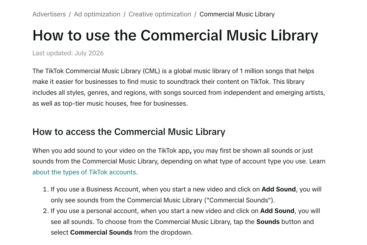 TikTok for Business help page How to use the Commercial Music Library, last updated July 2026, explaining that a Business Account sees only Commercial Sounds after tapping Add Sound, while a personal account sees all sounds and can pick Commercial Sounds from the Sounds dropdown