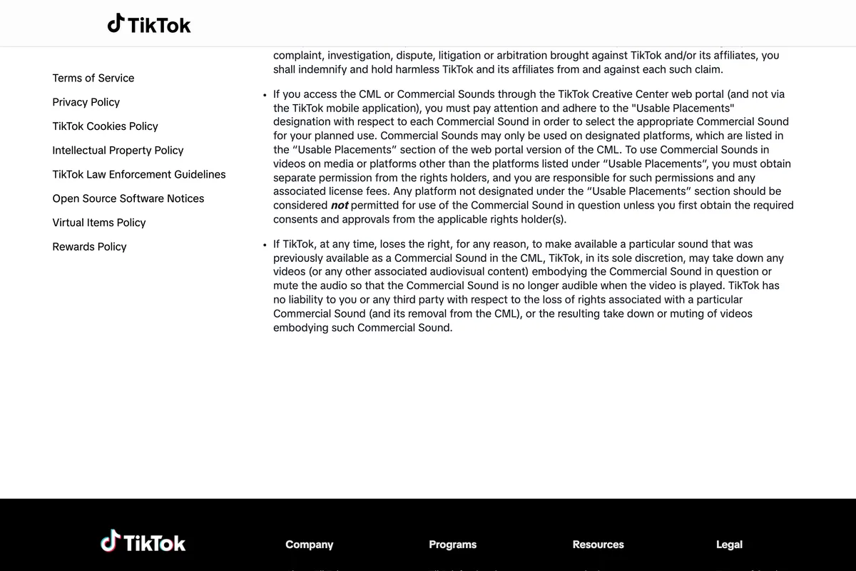 The final clauses of TikTok's Commercial Music Library User Terms, covering Usable Placements in the Creative Center and TikTok's right to take down or mute videos if it loses the rights to a Commercial Sound