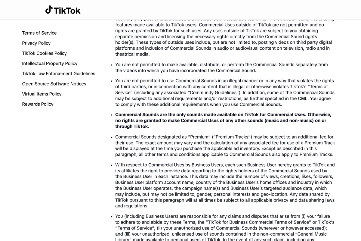TikTok's Commercial Music Library User Terms, with the bold clause stating that Commercial Sounds are the only sounds made available on TikTok for Commercial Uses and that no rights are granted to make Commercial Uses of any other sounds