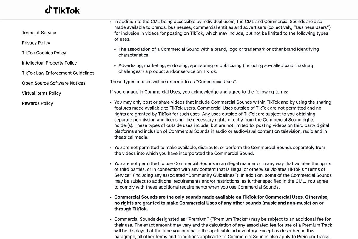 TikTok's Commercial Music Library User Terms, showing the definition of Commercial Uses and the clause stating that commercial uses outside of TikTok are not permitted, including posting videos on third party digital platforms