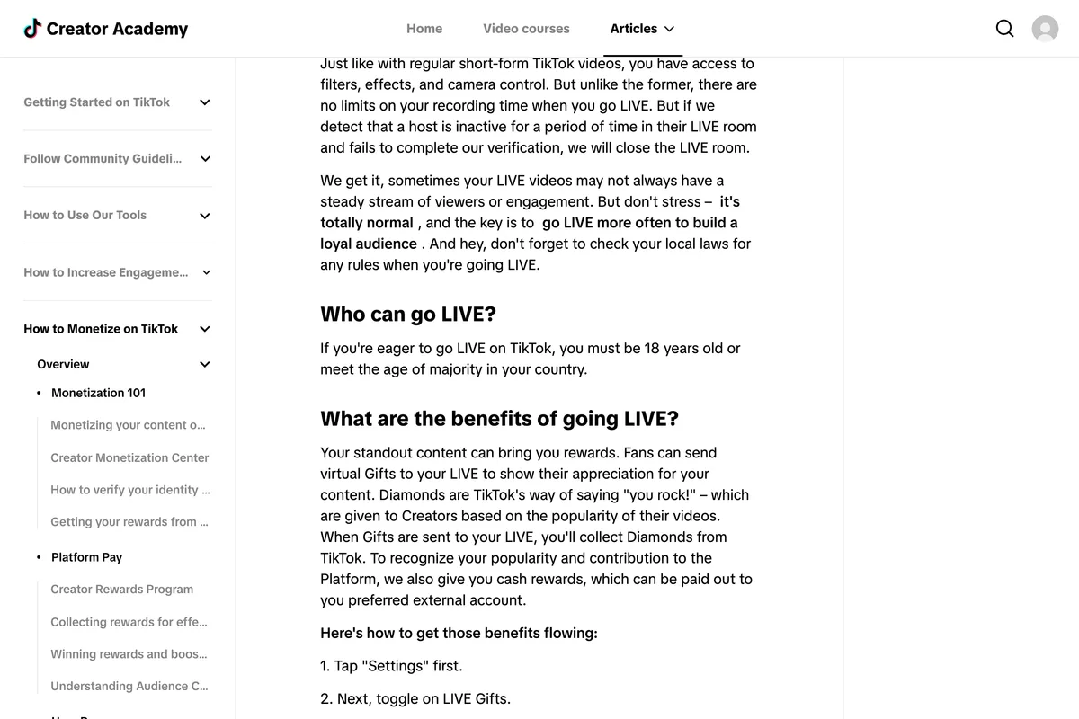 TikTok Creator Academy article Going LIVE, section Who can go LIVE, saying you must be 18 years old or meet the age of majority in your country, with no follower requirement mentioned