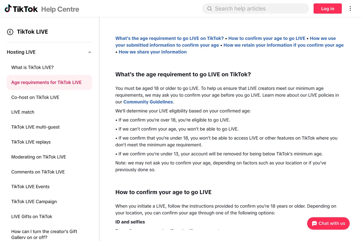 TikTok Help Center page Age requirements for TikTok LIVE, explaining that you must be 18 or older to go LIVE, that TikTok may ask you to confirm your age, and the four outcomes: over 18 eligible, unconfirmed cannot go LIVE, under 18 no access, under 13 account removed