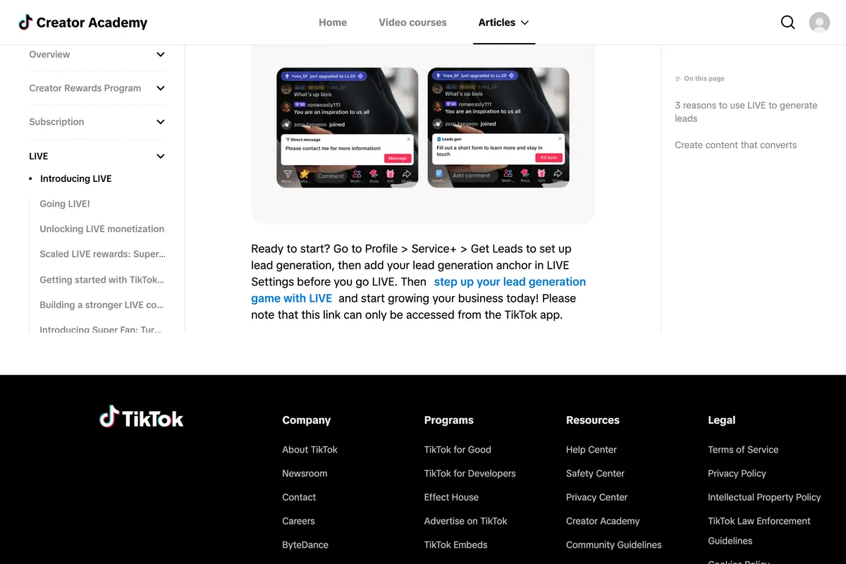 TikTok Creator Academy article LIVE for Your Business, with TikTok's own screenshots of a LIVE showing a contact-us card and a short lead form, and the instruction to go to Profile, Service+, Get Leads to set up lead generation and add the lead generation anchor in LIVE Settings