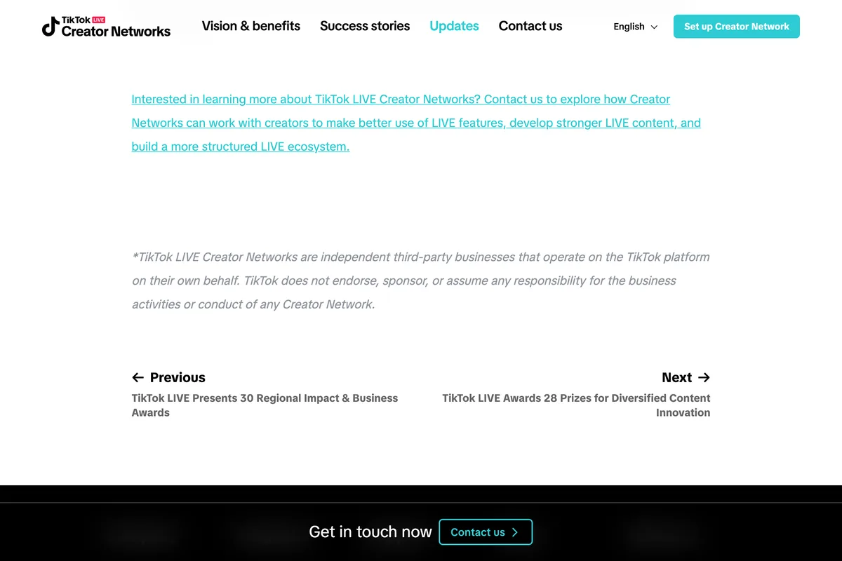 Footer of a TikTok LIVE Creator Networks article stating that Creator Networks are independent third party businesses and that TikTok does not endorse, sponsor or assume responsibility for their business activities or conduct