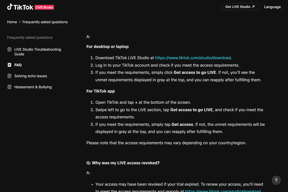 TikTok LIVE Studio Help Center FAQ answering how to access LIVE, with steps for a desktop or laptop and for the TikTok app: tap plus, swipe left to the LIVE section, tap Get access to go LIVE, and unmet requirements are displayed in gray at the top