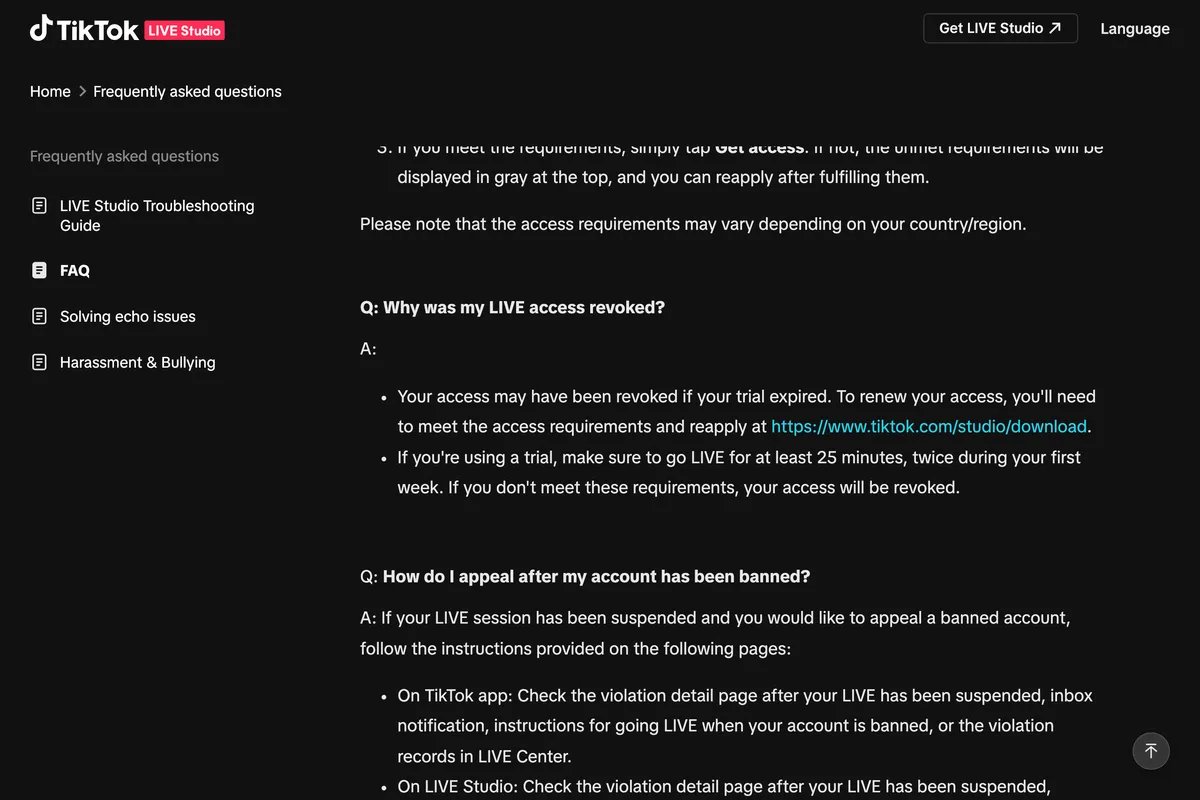 TikTok LIVE Studio Help Center FAQ, question Why was my LIVE access revoked, answering that a trial may have expired and that on a trial you must go LIVE for at least 25 minutes twice during the first week or access is revoked
