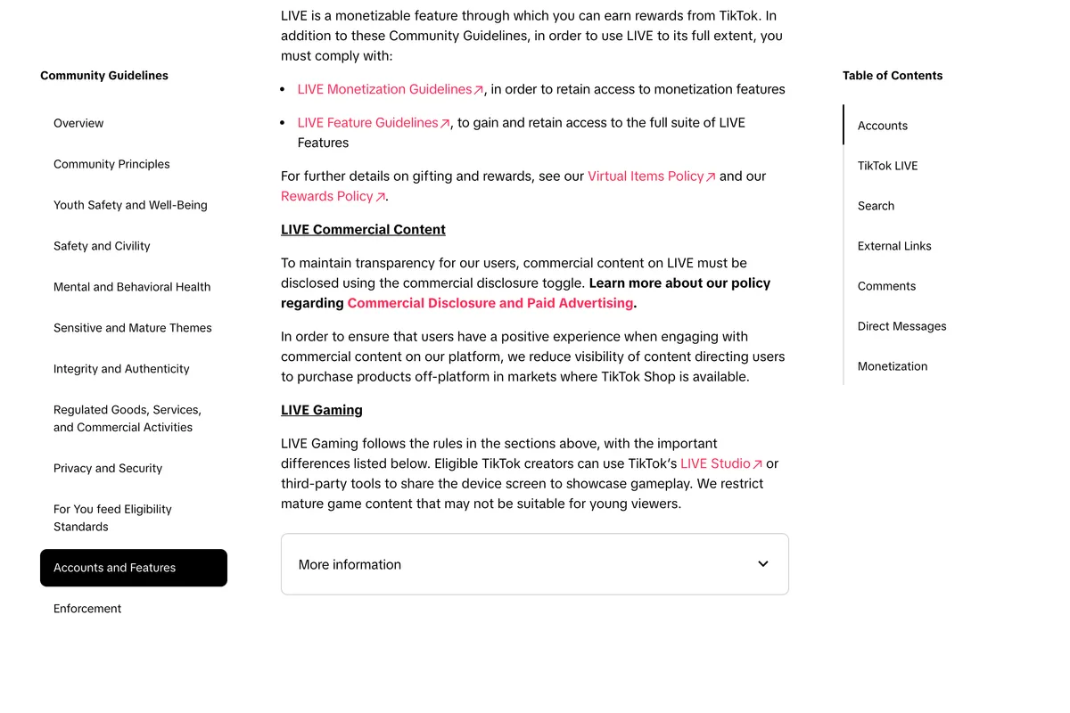 TikTok Community Guidelines page Accounts and Features, sections LIVE Commercial Content and LIVE Gaming, saying commercial content on LIVE must be disclosed with the commercial disclosure toggle and that TikTok reduces visibility of content directing users to purchase products off-platform in markets where TikTok Shop is available