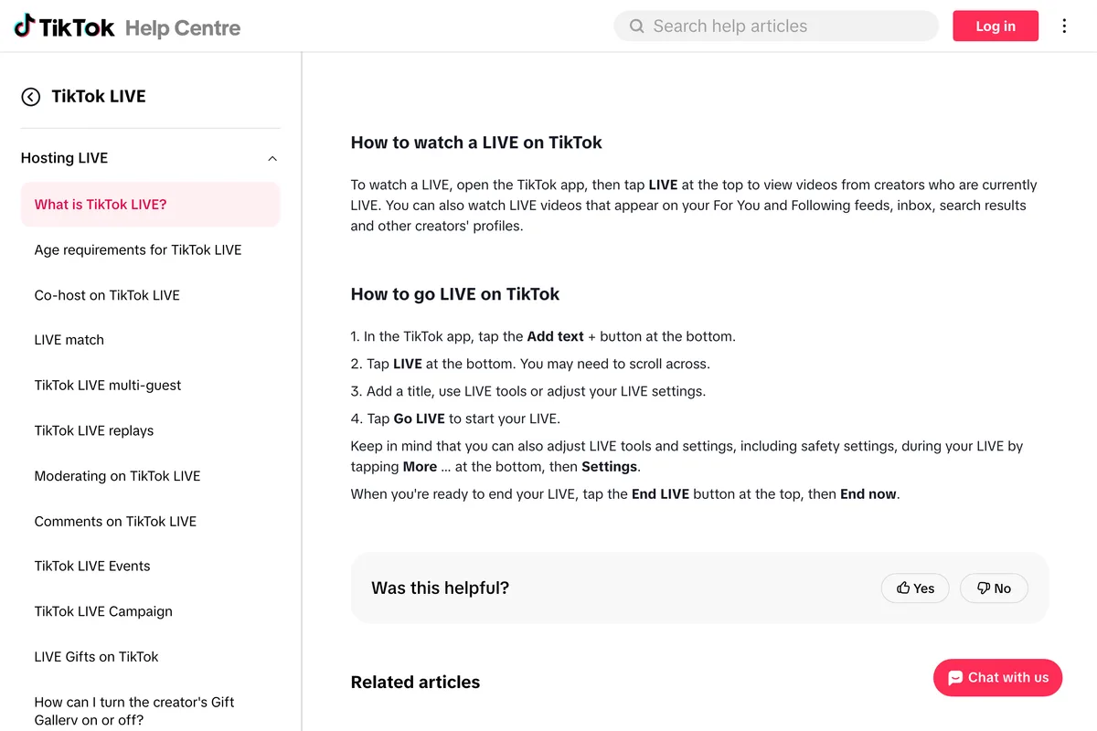 TikTok Help Center page What is TikTok LIVE, section How to go LIVE on TikTok, with four steps: tap the Add post plus button, tap LIVE at the bottom, add a title and adjust LIVE settings, tap Go LIVE, followed by how to end a LIVE with End LIVE and End now