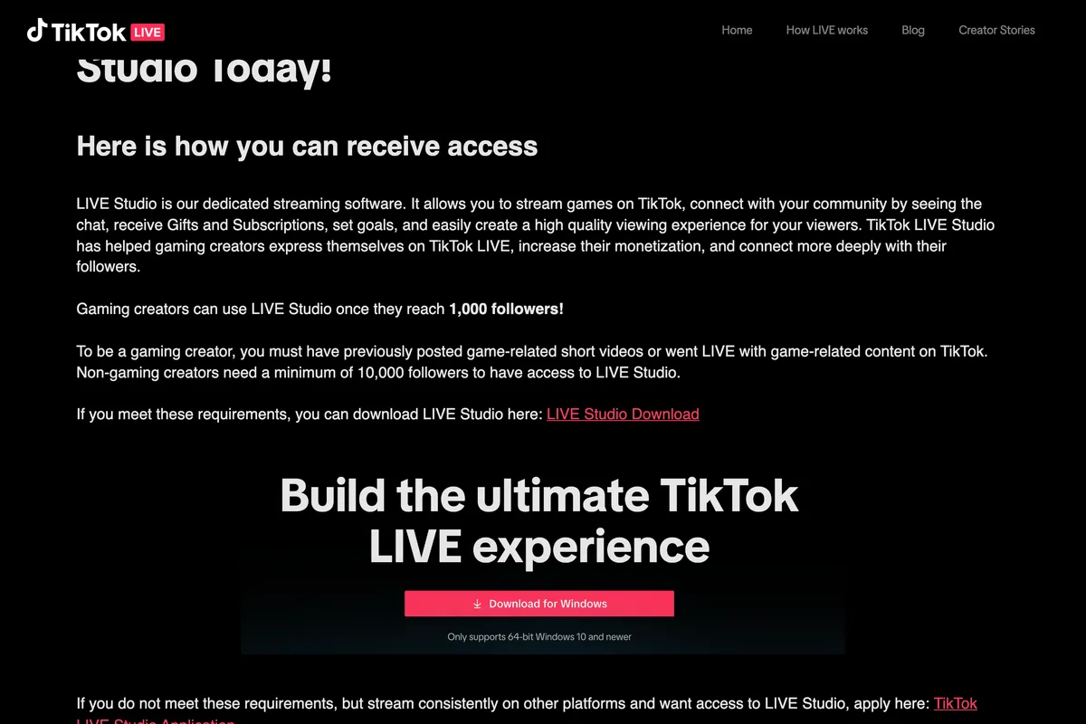 TikTok LIVE Creator Hub post Go LIVE from Your Desktop Computer with LIVE Studio Today, saying gaming creators can use LIVE Studio once they reach 1,000 followers and non-gaming creators need a minimum of 10,000 followers, with a Download for Windows button