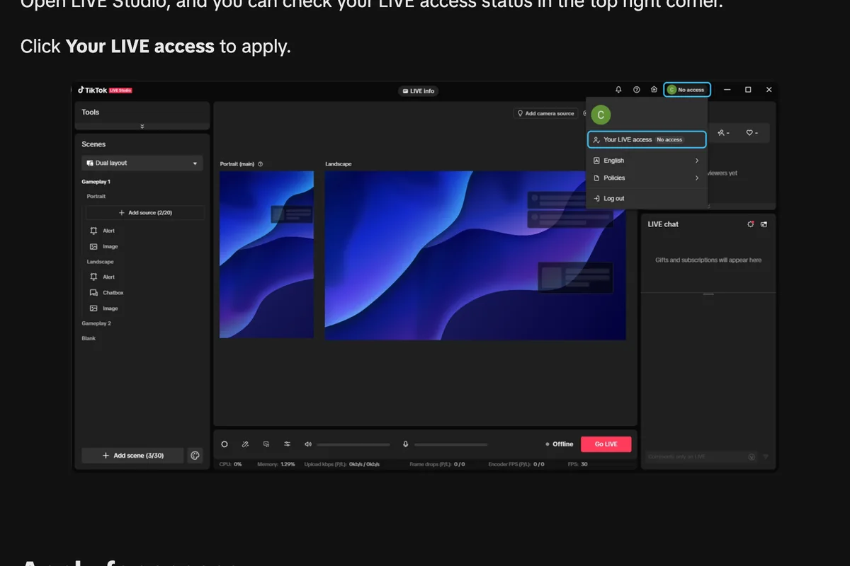 TikTok's own screenshot of the LIVE Studio desktop app, with scenes on the left, portrait and landscape previews in the middle, LIVE chat on the right, a Go LIVE button, and the account menu open in the top right showing Your LIVE access with the status No access