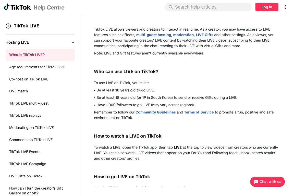 TikTok Help Center page What is TikTok LIVE, section Who can use LIVE on TikTok, listing at least 18 years old to go LIVE, at least 18 or 19 in South Korea to send or receive Gifts, and 1,000 followers to go LIVE which may vary across regions, under a note that LIVE and Gift features are not available everywhere