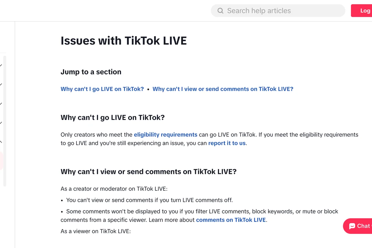 TikTok Help Center page Issues with TikTok LIVE, section Why can't I go LIVE on TikTok, saying only creators who meet the eligibility requirements can go LIVE, and that those who meet them and still have an issue can report it