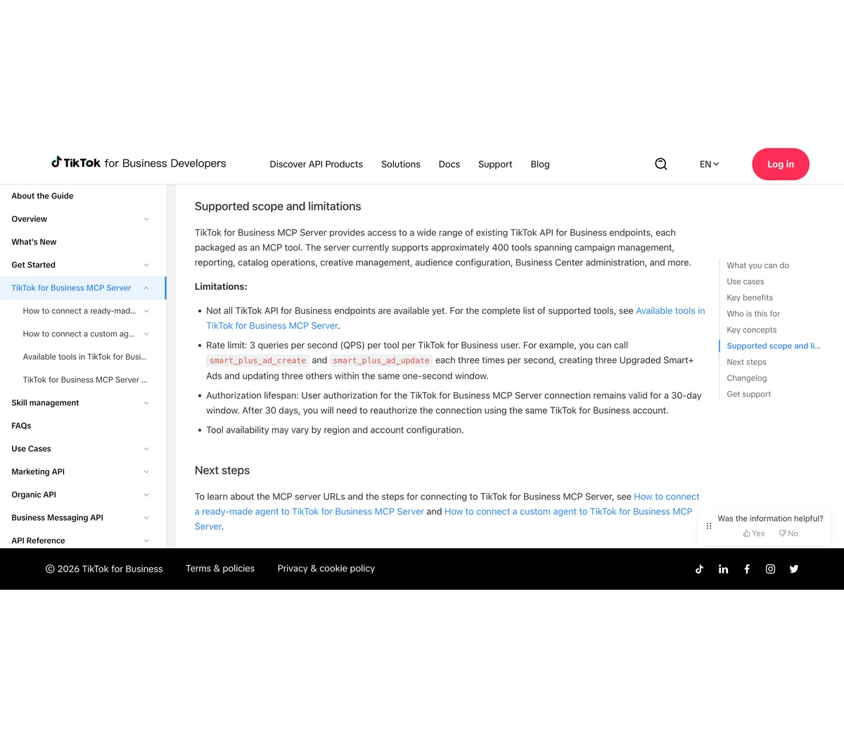 TikTok for Business MCP Server overview, section Supported scope and limitations, listing approximately 400 tools, a rate limit of 3 queries per second per tool per user, a 30 day authorization lifespan, and that tool availability may vary by region
