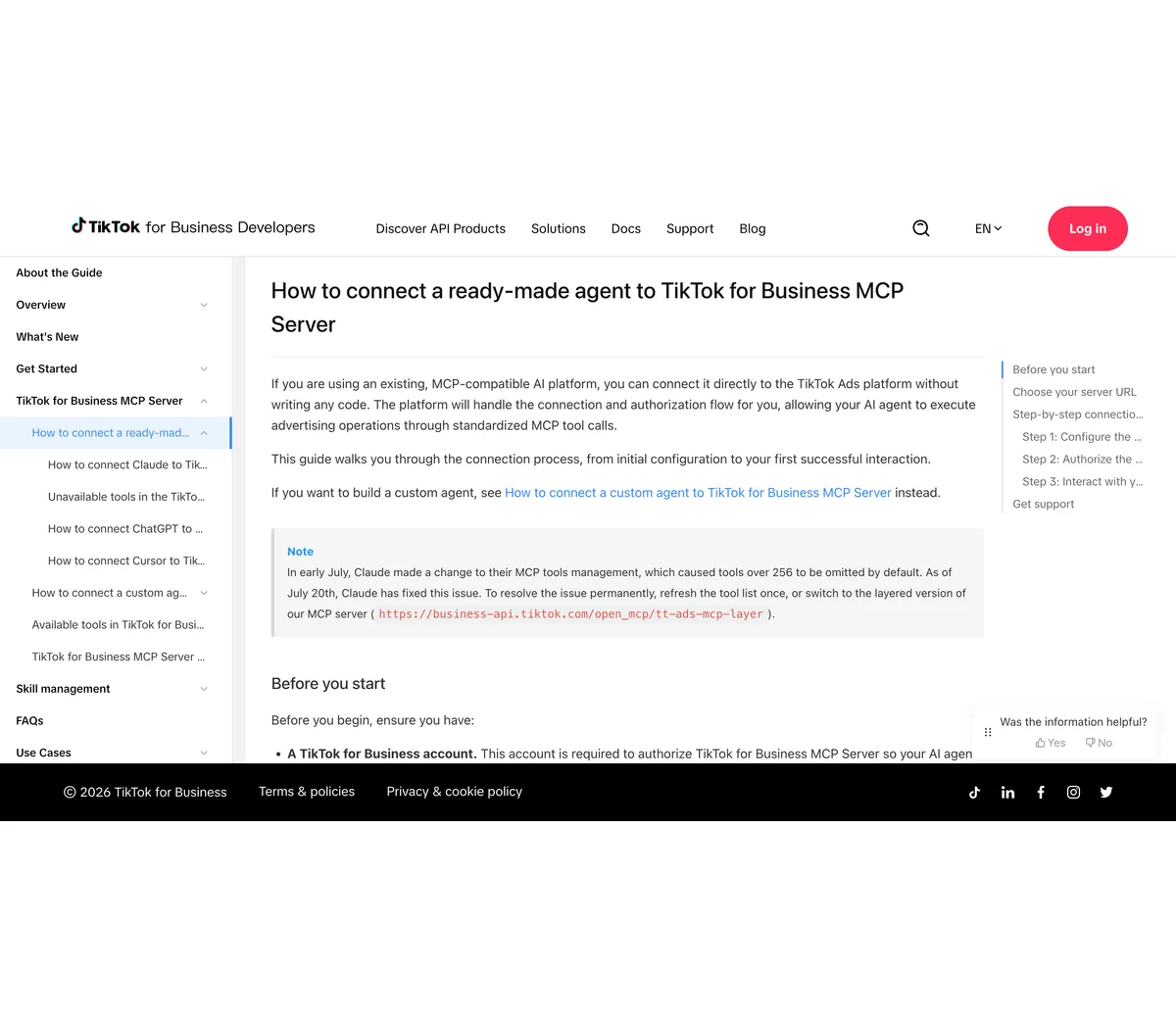 TikTok API for Business documentation page How to connect a ready-made agent, with a table of two server URLs: Full Disclosure at business-api.tiktok.com/open_mcp/tt-ads-mcp-flat loading around 400 tools, and Progressive Disclosure at tt-ads-mcp-layer loading around 40 core tools