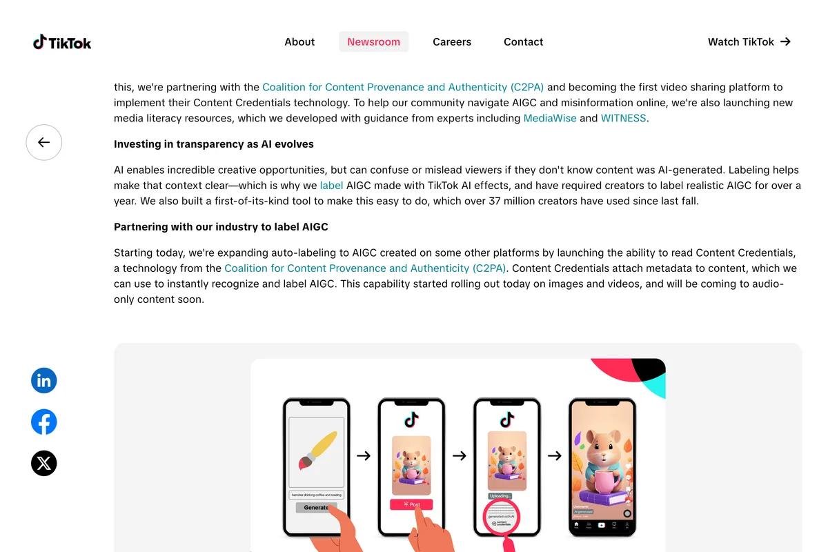TikTok Newsroom post from May 2024, Partnering with our industry to advance AI transparency and literacy, announcing that TikTok would read Content Credentials from the C2PA to label AI-generated content from other platforms, with an illustration of an image generated elsewhere being uploaded and labelled