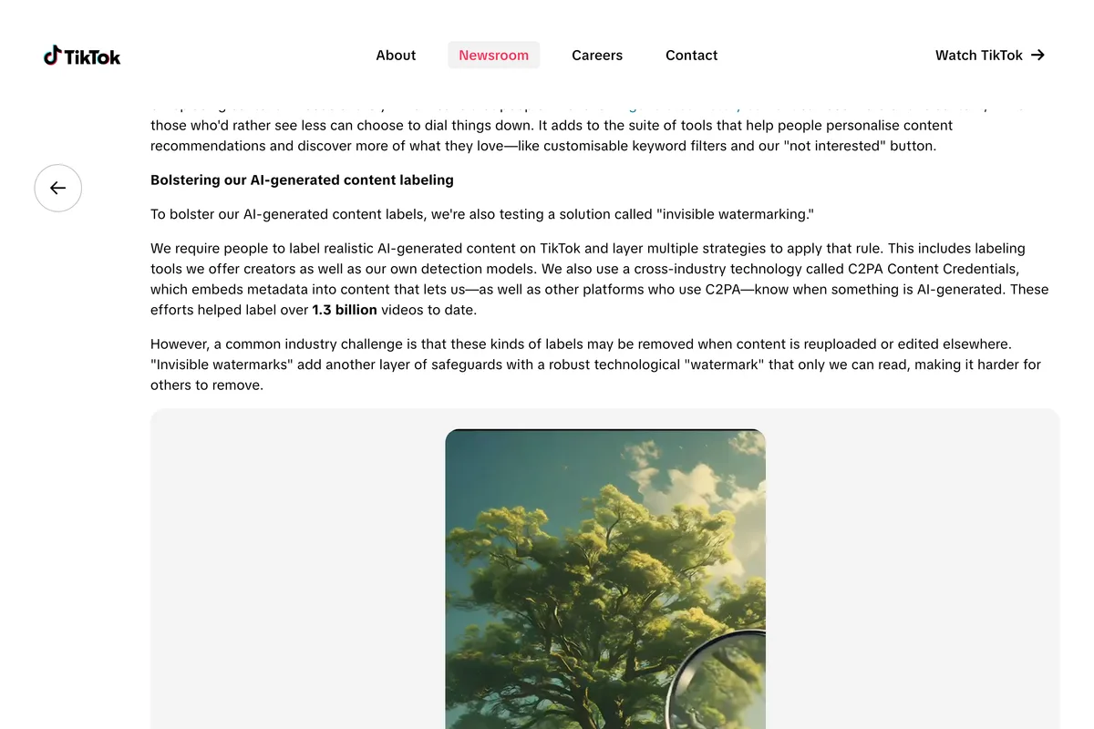 TikTok Newsroom post from November 2025, More ways to spot, shape and understand AI-generated content, describing C2PA Content Credentials, over 1.3 billion labelled videos, and invisible watermarking because labels may be removed when content is reuploaded or edited elsewhere