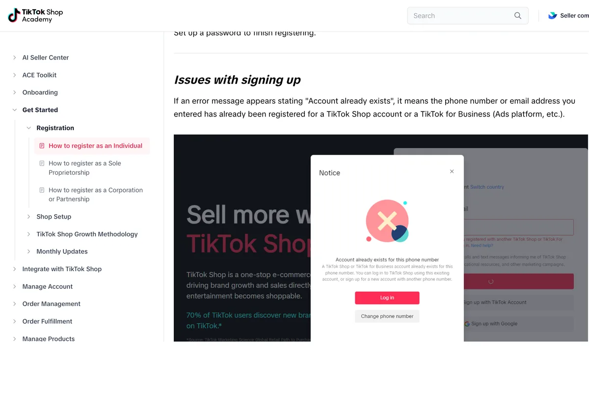 TikTok Shop Academy page How to register as an Individual, section Issues with signing up, explaining the Account already exists error, with TikTok's own screenshot of the notice offering Log in or Change phone number